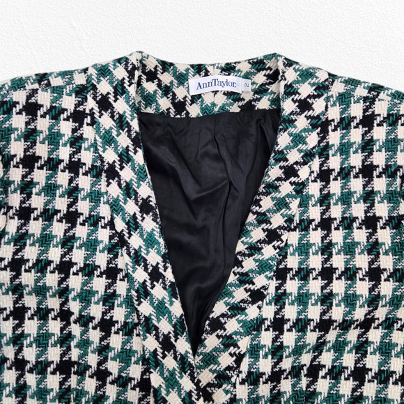 Vintage 80s Ann Taylor Green Black Wool Houndstooth Blazer Gold Buttons Size 2 - Picture 4 of 10